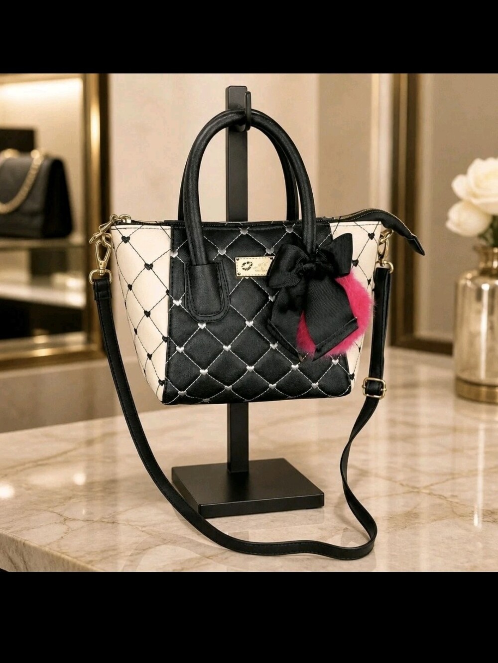 Luv Betsey By Betsy Johnson Black And White Quilted Handbag With Charms